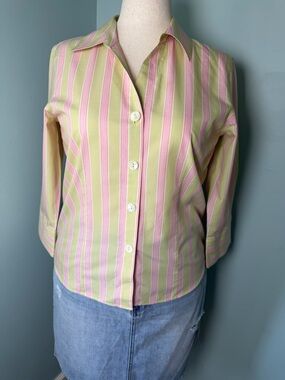 Talbots Pink and Lime Striped Wrinkle Resistant Button-Down Shirt Size 12 Staple